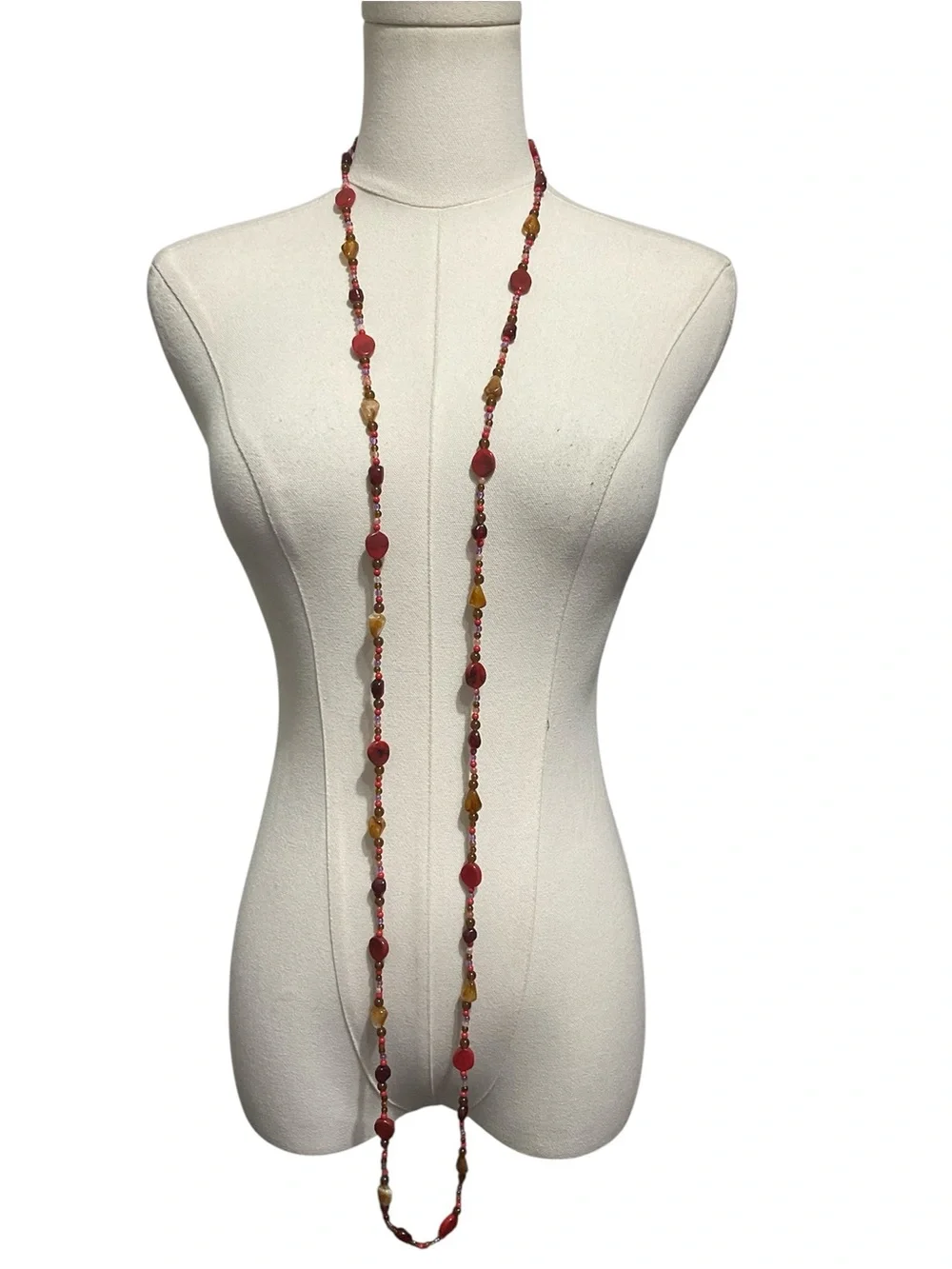 Long Beaded Necklace in Coral, Amber & Garnet Tones